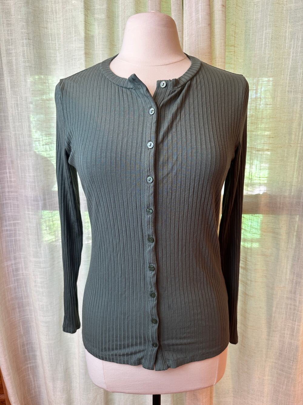 Abercrombie & Fitch Ribbed Henley Long Sleeve Top Olive Green Small